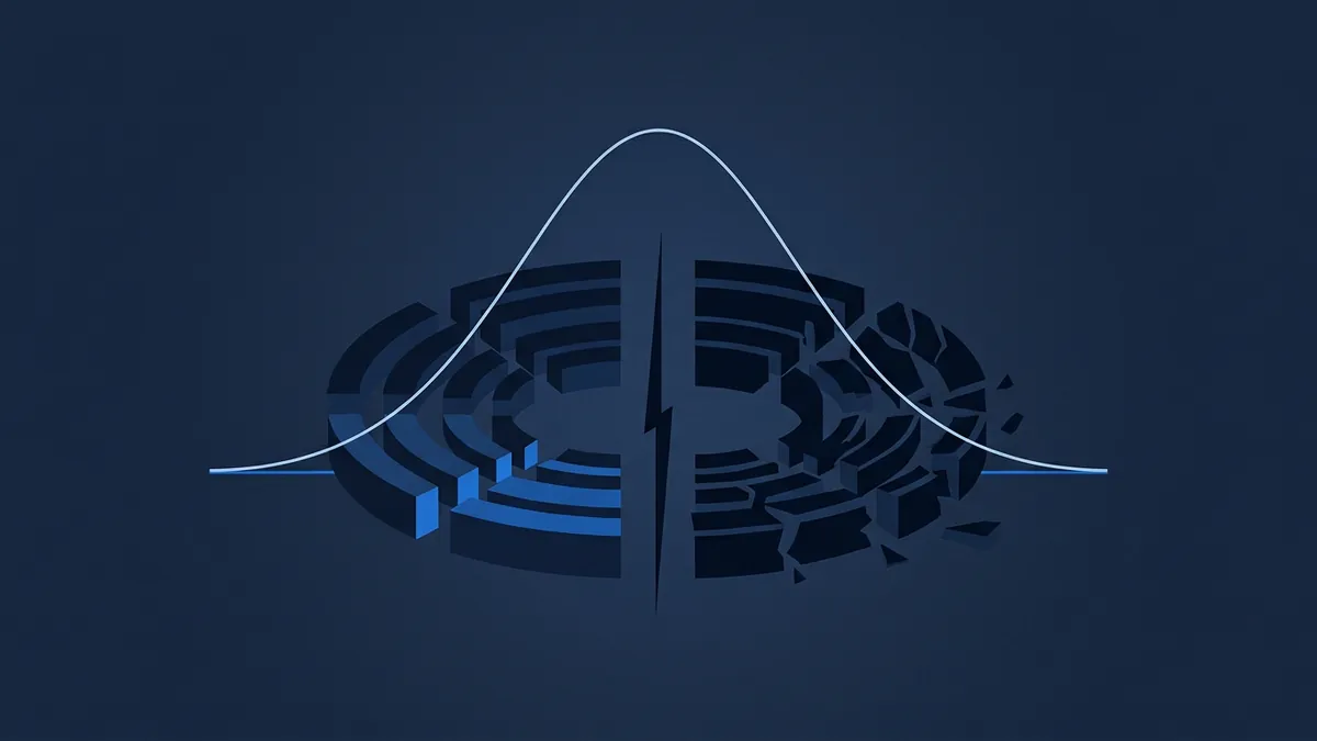 A bell curve arc in white sweeps over two mirrored 3D maze-like circular structures on a dark navy background, one intact on the left and one fragmenting on the right, split by a central vertical line.