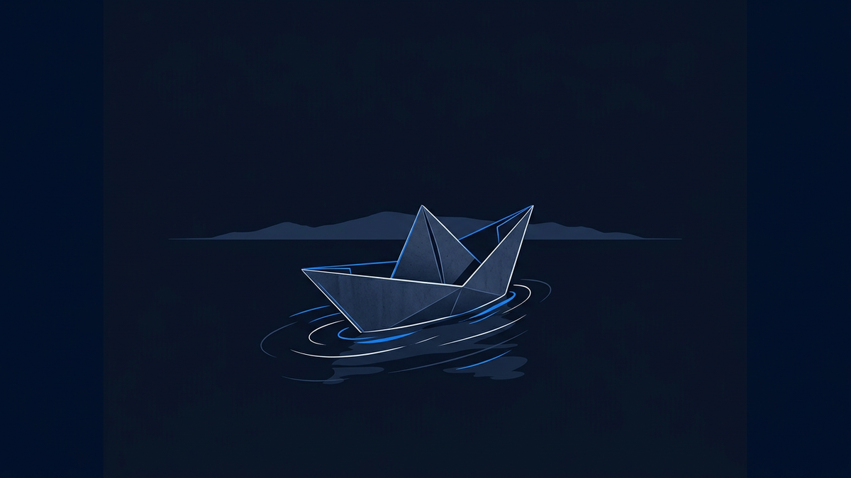 A stylised ballot paper folded like a paper boat drifting on a dark sea, with a distant landmass suggested at the horizon.