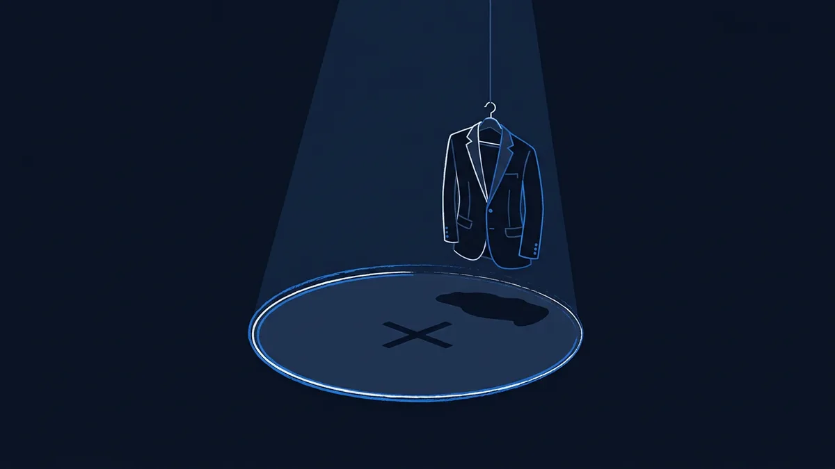 A vacant cinematic spotlight pooling on an empty stage mark, with a dinner jacket on a hanger drifting at the edge of the light