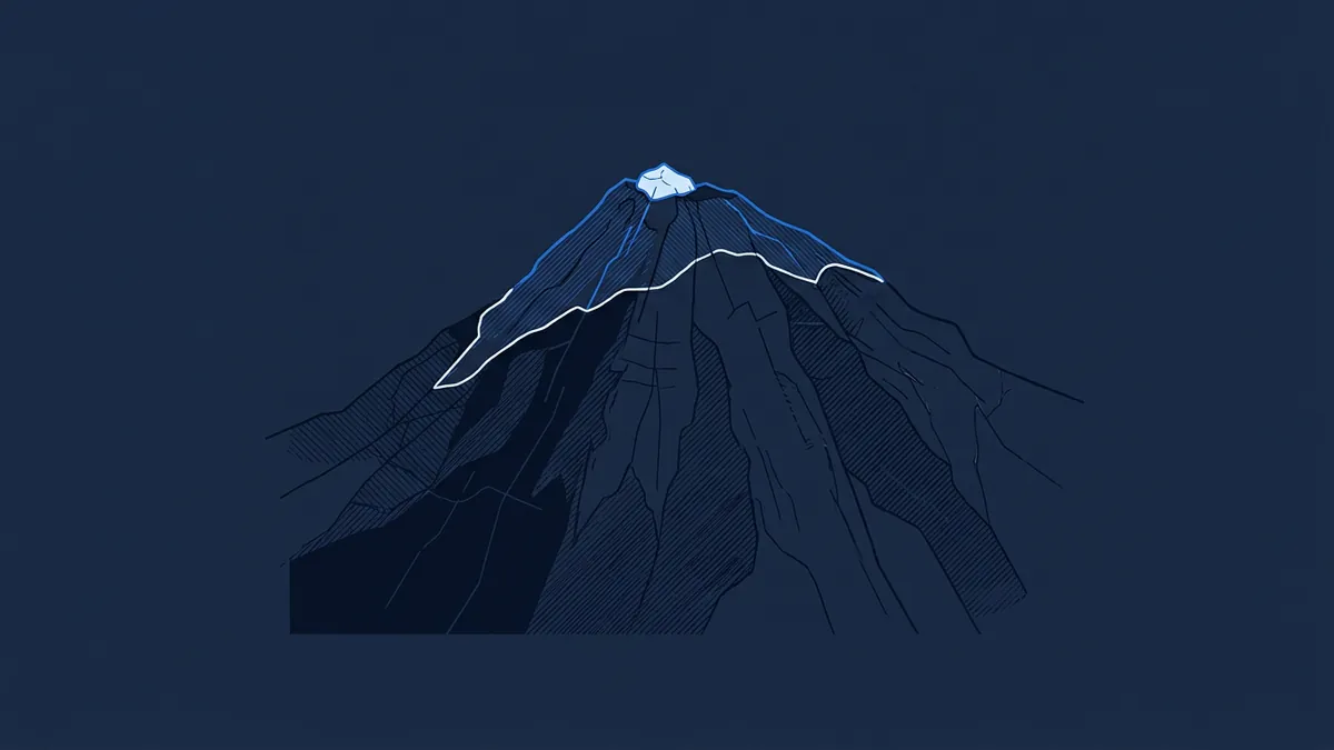 A stylised line-art illustration of a steep volcanic mountain rendered in dark navy tones, with blue ridge lines tracing routes to a small glacial cap at the summit against a deep blue background.