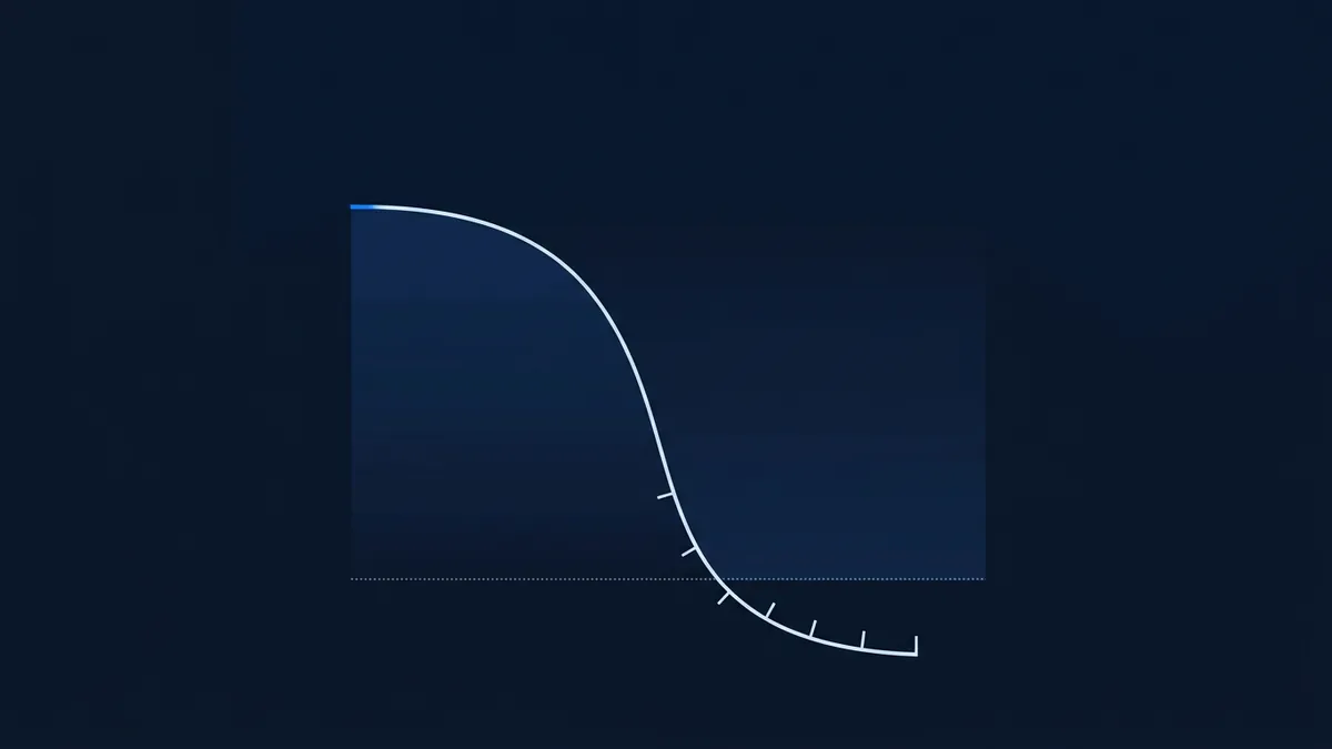 A stylised S-curve line graph on a dark navy background, showing a white curve descending steeply from upper left to lower right, with small tick marks along the curve and a dotted horizontal reference line.