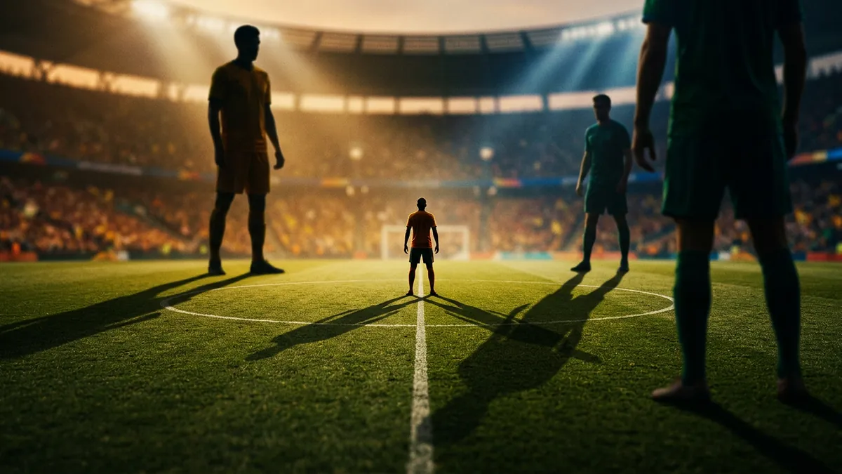 Four soccer players stand on a floodlit stadium pitch at the centre circle, one small figure in red at centre surrounded by three larger figures in yellow and green, long shadows stretching across bright green turf, a packed crowd glowing in warm amber light behind them.
