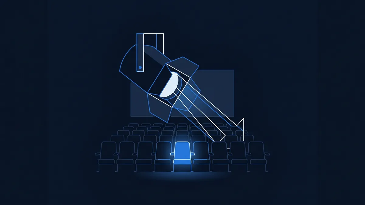 A stylised dark-blue illustration of a cinema auditorium with rows of empty seats, one glowing blue seat in the centre, and a geometric film projector beam angled down from above toward a screen, all rendered in a navy and electric-blue palette.