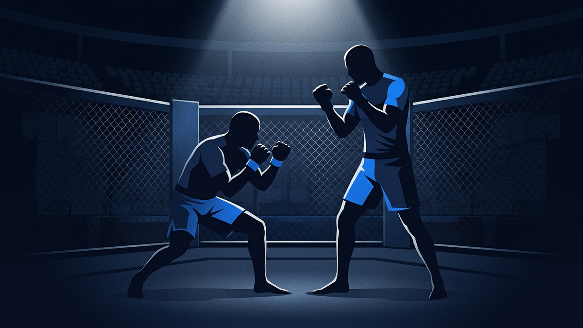 Two fighter silhouettes squared up in an octagonal cage, one crouched in a wrestling stance, the other tall and orthodox, empty arena bowl behind them