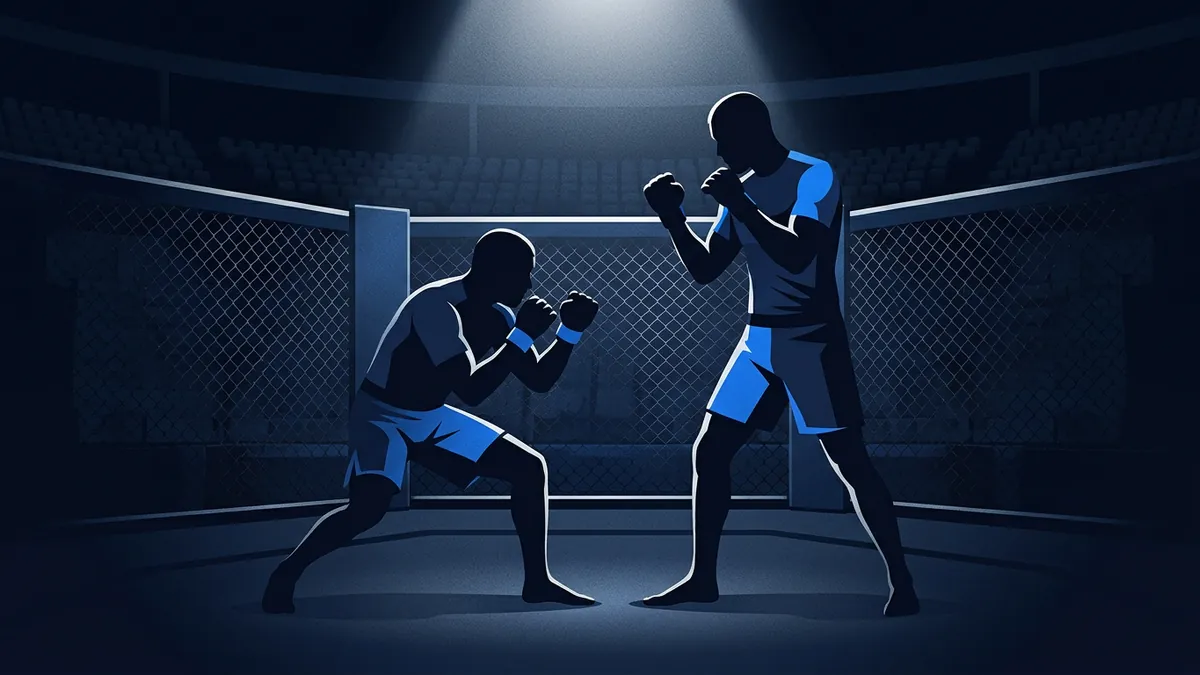 Two stylised MMA fighter silhouettes face off inside a chain-link octagon cage under a single spotlight, one crouched low and one standing tall in a guard stance, dark blue arena seating visible behind them.