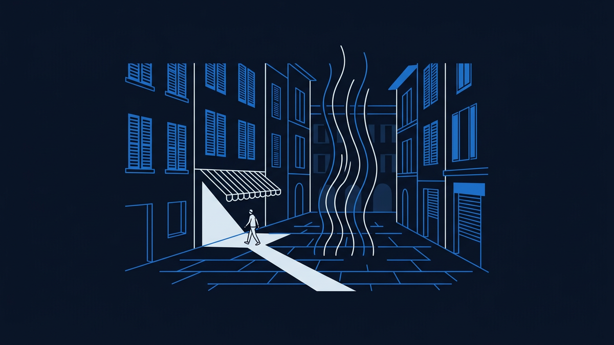 A sun-bleached Mediterranean piazza at midday, shutters drawn, a single figure crossing a narrow strip of shade cast by an awning