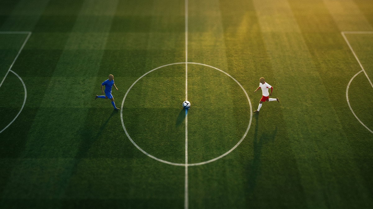 Abstract football pitch viewed from above with two opposing kit-coloured silhouettes converging on the centre circle, neither dominant