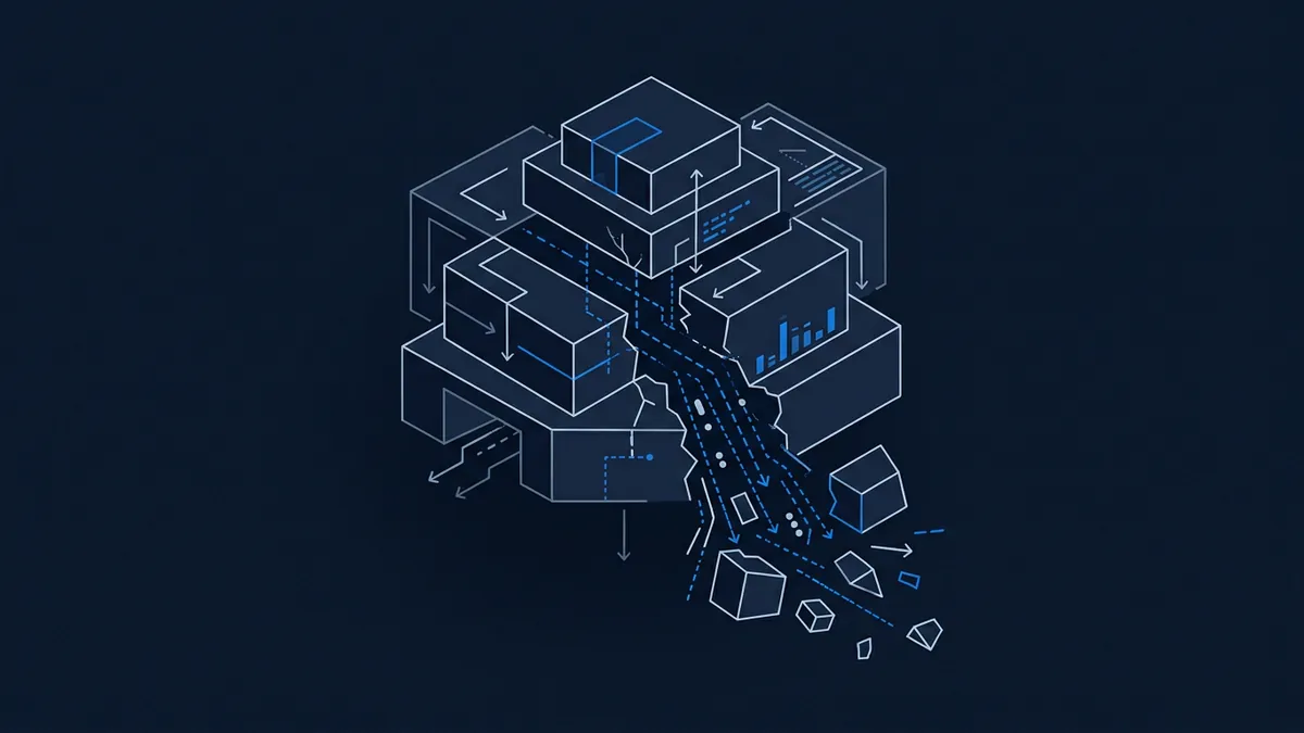 Isometric digital diagram showing stacked geometric blocks and cubes fragmenting outward, connected by arrows and dashed blue lines, with a bar chart motif on one panel, all rendered in navy and blue tones.
