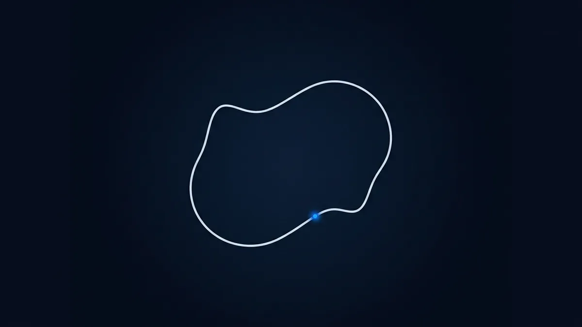 A glowing white irregular closed curve floats against a deep navy background, with a single bright blue dot on its lower right edge, creating a minimal abstract shape.