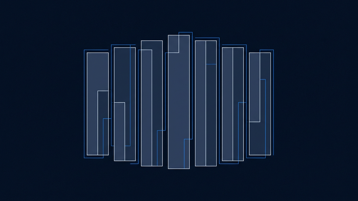A row of stacked vertical bars of similar heights clustered around a centre point, each representing a different valuation band, evoking a wide field of competing outcomes.