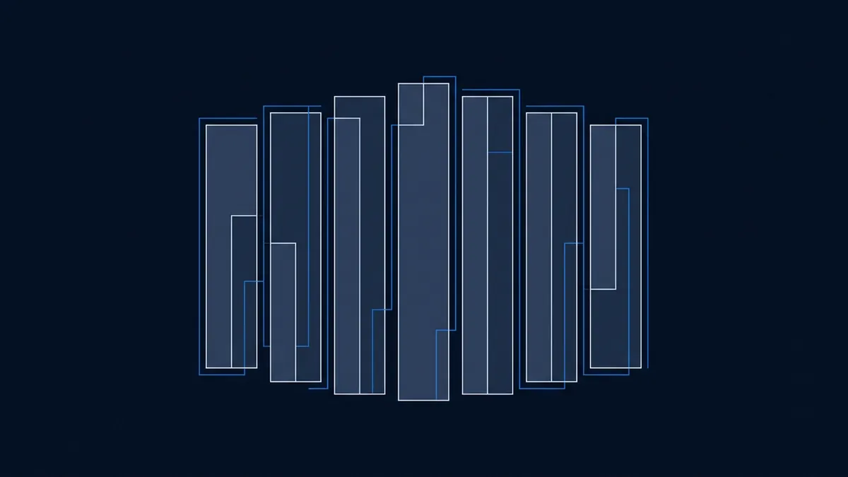 Vertical rectangular bars of varying heights arranged in a fan or arc shape, outlined with glowing white and blue lines on a dark navy background, evoking a stylised data visualisation or equaliser motif.