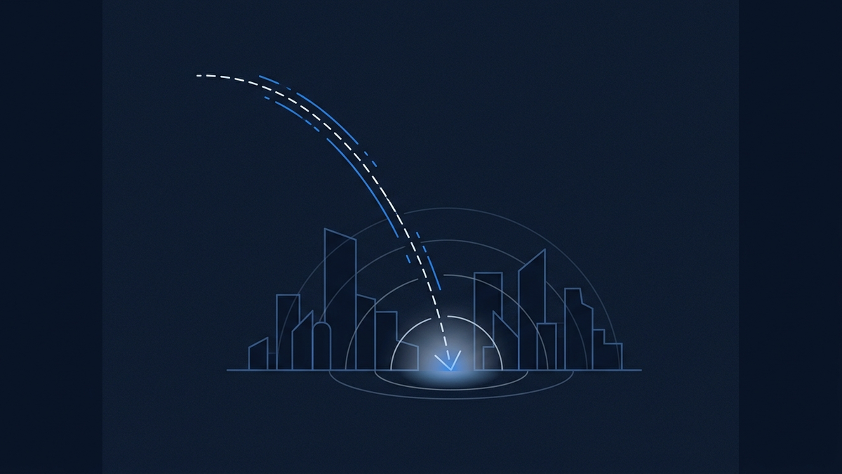 A single missile trajectory arcing over a fractured city skyline silhouette, with a distant probability ladder faintly rising in the background