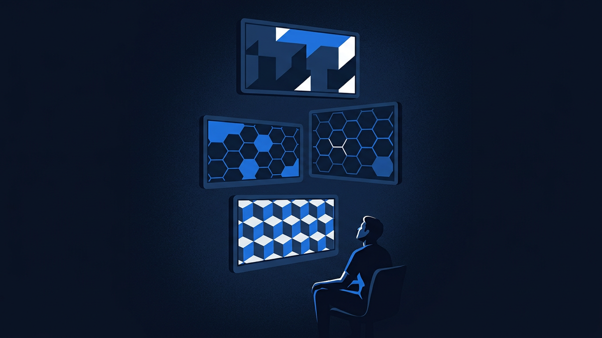 An abstract streaming setup showing three floating rectangular screen shapes stacked vertically, each with a different geometric pattern, in front of a lone silhouetted seated figure.
