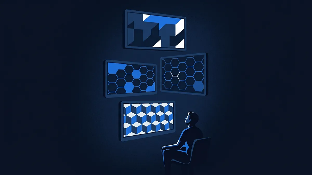 A silhouetted figure sits in a chair viewing four floating screens on a dark navy wall, each displaying a different blue geometric pattern including angular shapes, hexagonal grids, and isometric cubes.