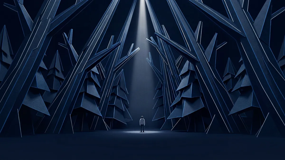 A lone figure stands in a spotlight inside a dark geometric forest of angular navy blue abstract trees, with a single beam of white light descending from above.