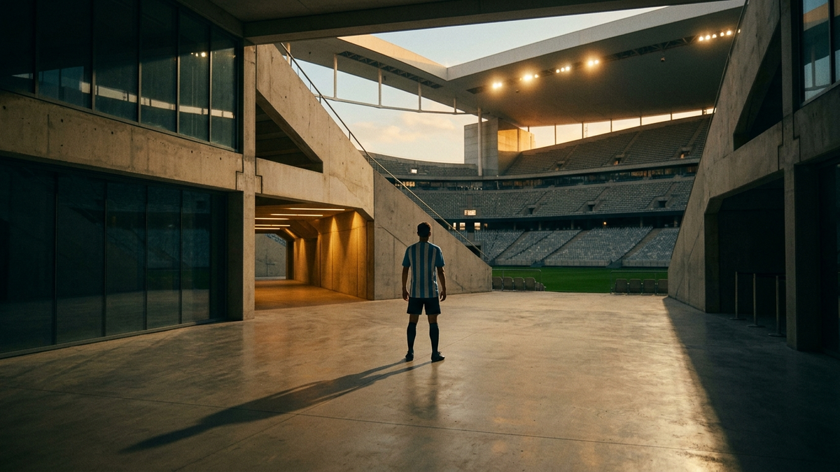 A young footballer figure standing alone at the centre of a vast stadium concourse, the empty space around him suggesting both spotlight and isolation