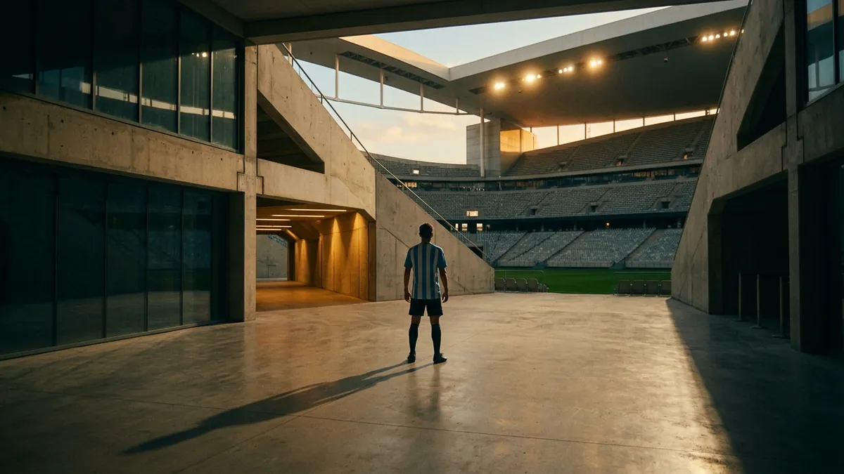 A footballer in a blue and white striped kit stands with their back to the camera on a concrete stadium concourse, facing an empty sunlit pitch and tiered seating under a dramatic open roof.