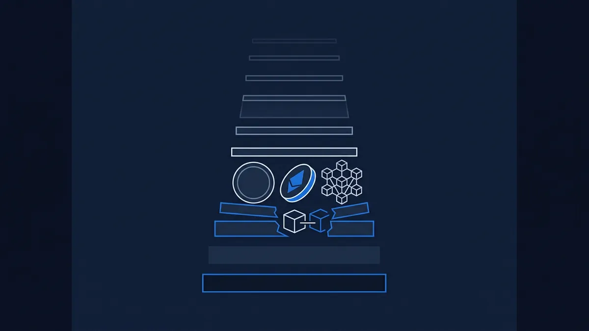 A dark navy tech diagram showing stacked horizontal bars of increasing width forming a pyramid, with icons including an Ethereum-style coin, a snowflake cluster, and linked cube symbols in blue and white tones.