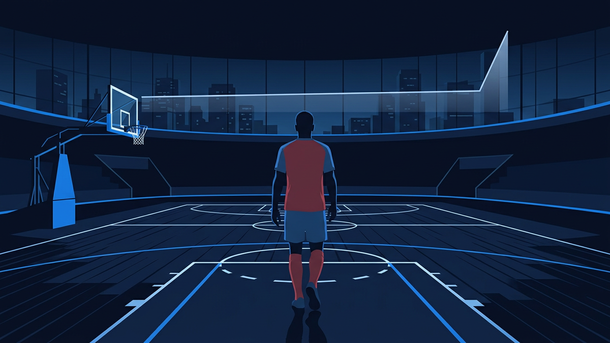 Illustration of a basketball arena at night with a sharply rising market chart overlaid