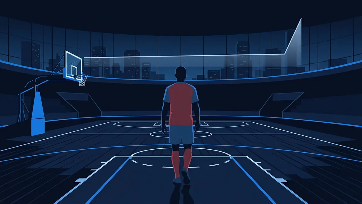 A stylised basketball player in a red jersey stands with their back to the viewer on a dark blue hardwood court, facing a basketball hoop inside an empty arena at night, with a city skyline visible through glass panels above the stands.