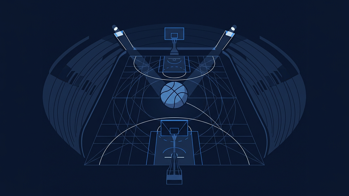 A lone basketball arcing across an empty navy arena bowl, suspended between two abstracted hoops at opposite ends of the frame.