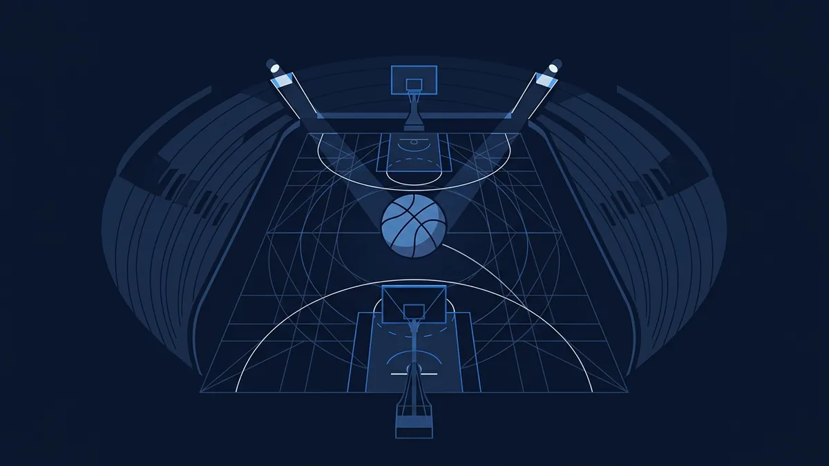 A stylised dark-navy basketball arena viewed from above, showing two hoops at opposite ends of a grid-lined court, stadium seating on both sides, spotlights, and a large basketball floating at centre court.