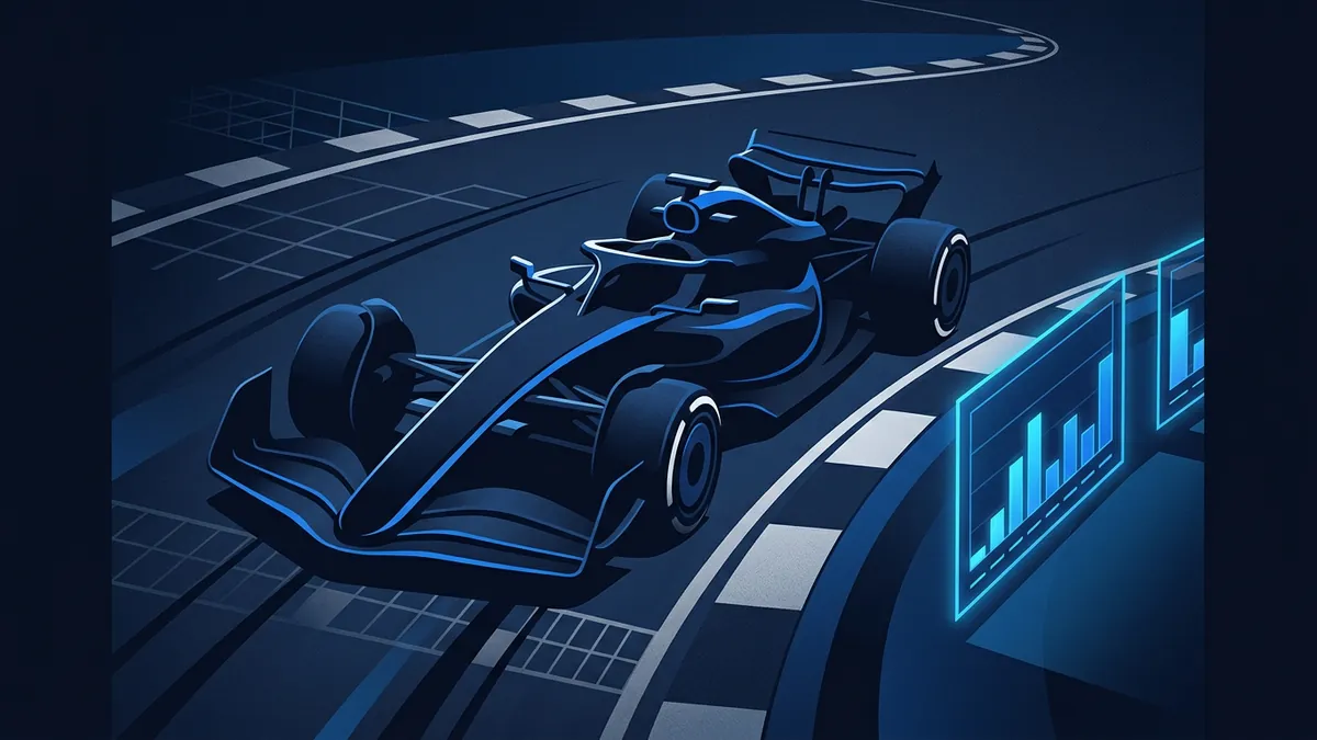 A stylised Formula 1 car rendered in deep navy and electric blue races along a circuit track, with a glowing holographic bar chart panel visible to the right.