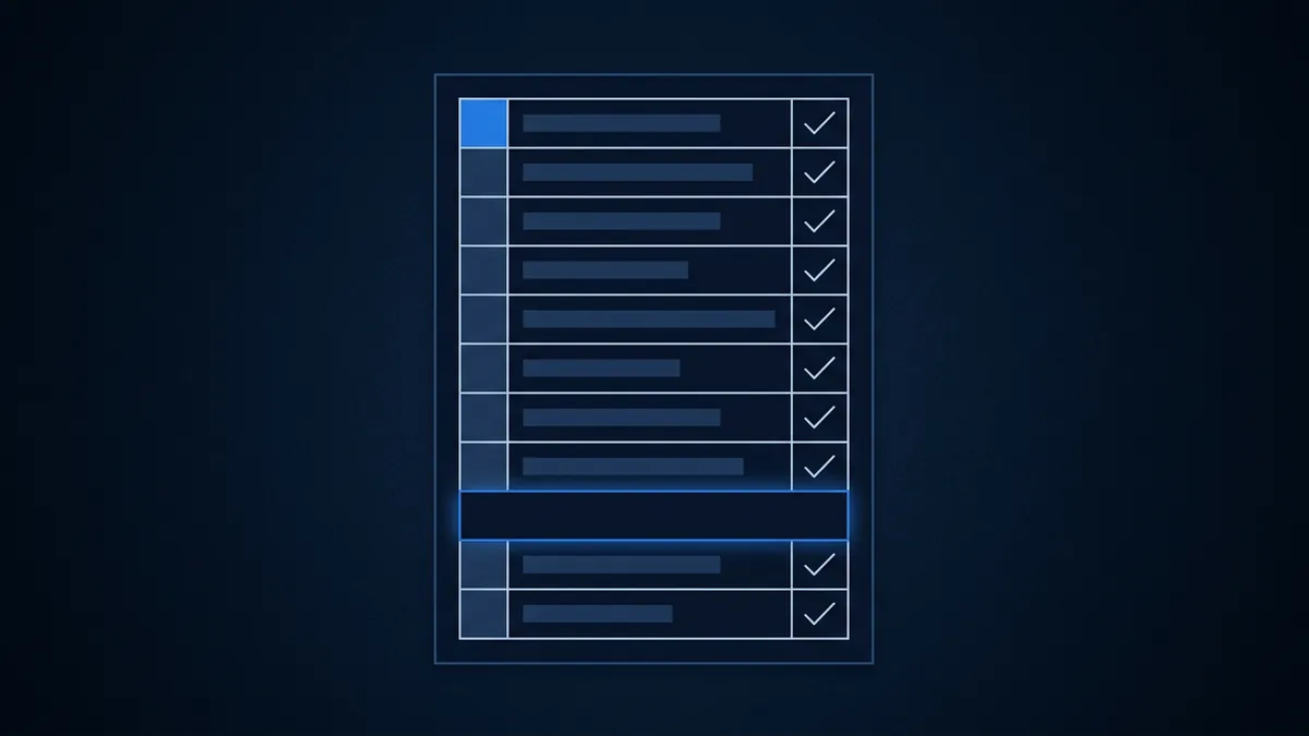 A glowing blue checklist graphic on a dark navy background, showing ten rows of varying-length blank bars each paired with a checkmark, divided by a highlighted separator row.