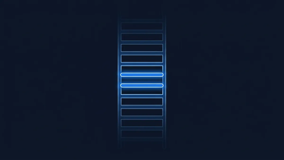 A vertical stack of rectangular dark panels centered on a deep navy background, with two middle rows glowing in bright neon blue, fading to dim outlines above and below.