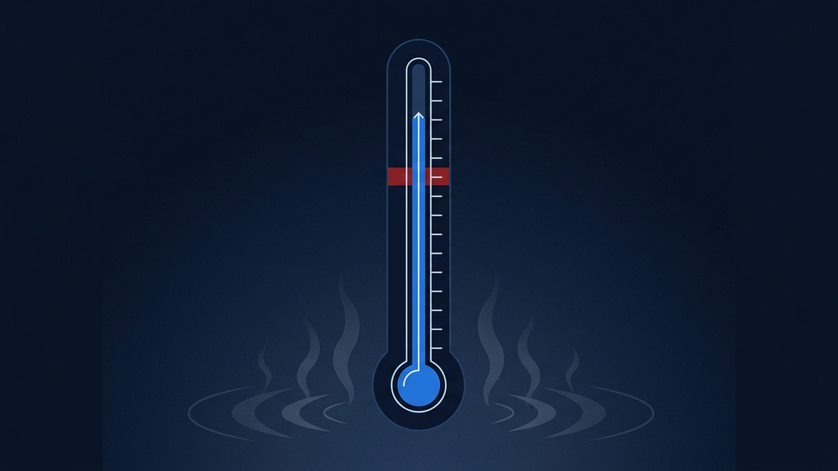 A tall thermometer rising through a horizontal warning threshold line, set against an empty sky with heat shimmer rising from the foreground.