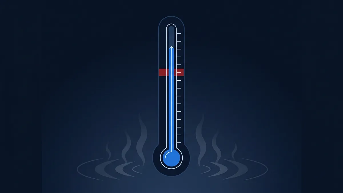 A stylised blue thermometer with an upward arrow and a red threshold marker sits centred on a dark navy background, with heat shimmer waves rising around its base.