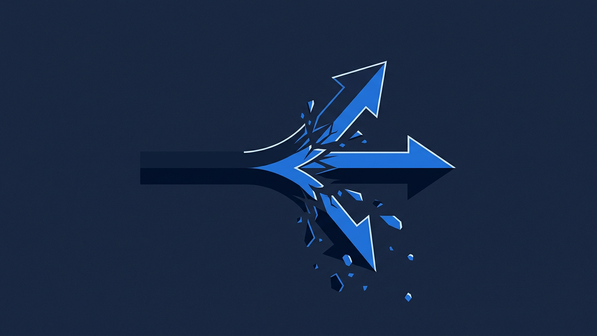Two diverging arrows on the political right pulling apart from a single starting point, one charging ahead, the other splintering sideways into smaller fragments.