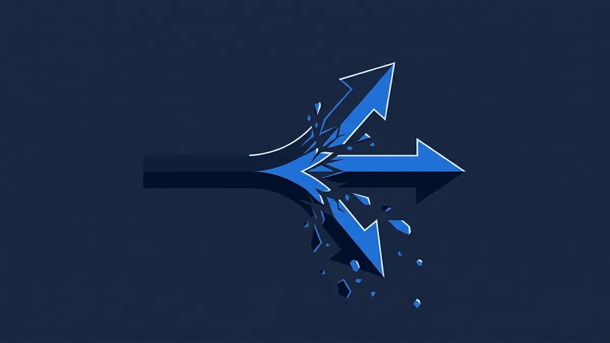 Three blue arrows burst outward from a central shattering point, pointing up-right, right, and downward, with fragments scattering around the break, on a dark navy background.