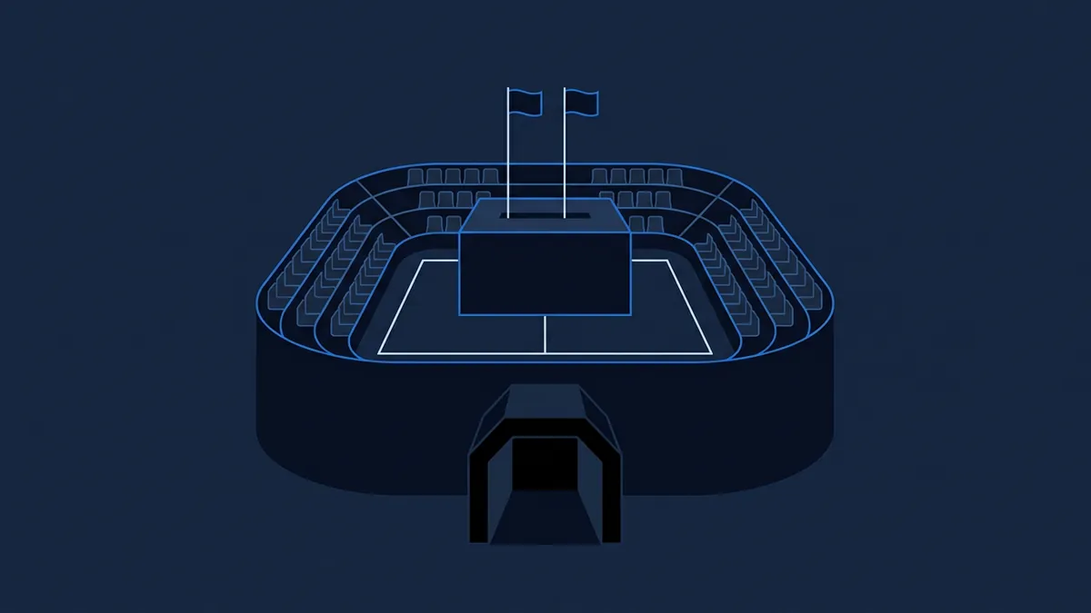 A stylised isometric stadium illustration in deep navy and blue, showing tiered seating around a football pitch with two flags on poles at the centre and a tunnel entrance at the front.