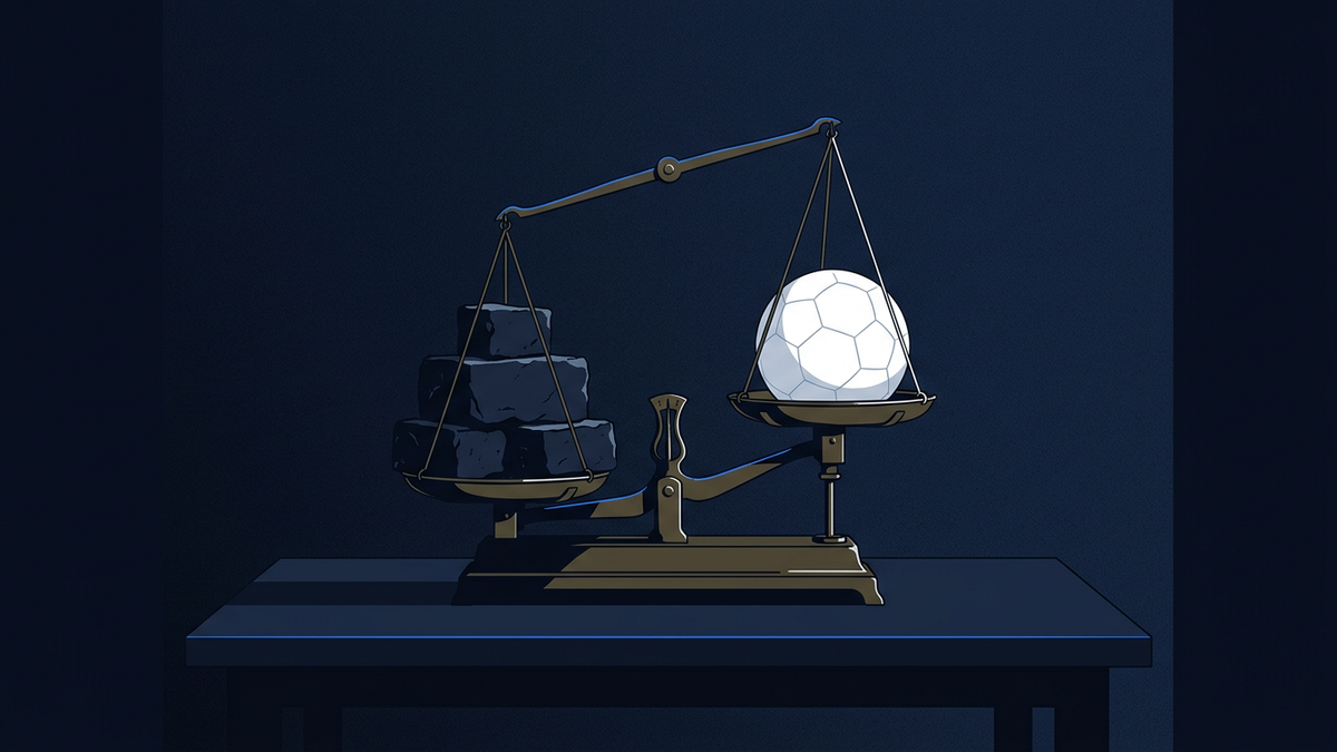 A brass balance scale on a dark navy table holds stacked dark rocks on the left pan and a glowing white soccer ball on the right, tipping toward the rocks.