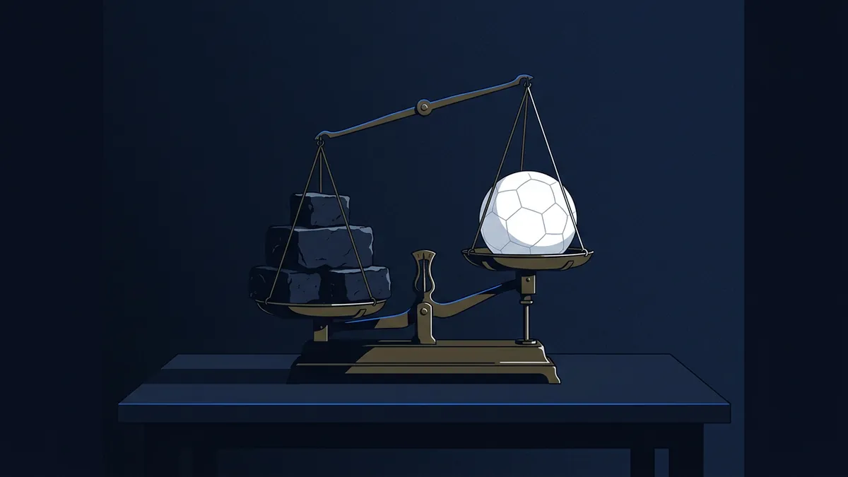 A brass balance scale on a dark navy table holds stacked dark rocks on the left pan and a glowing white soccer ball on the right, tipping toward the rocks.