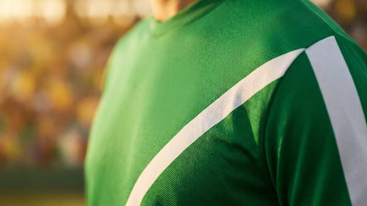 Close-up of a person wearing a green and white striped football jersey, shot from behind at shoulder level, with a blurred stadium crowd in warm golden tones in the background.