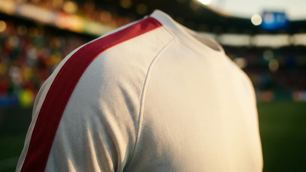 Close-up of a white sports jersey with a dark red shoulder stripe, shot from behind at shoulder level in warm golden light, with a blurred stadium crowd and green pitch in the background.
