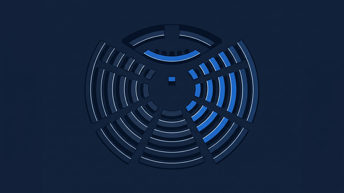 A stylised circular emblem made of concentric segmented arcs in deep navy and bright blue, centered on a dark navy background, evoking a radar or data-scan motif.