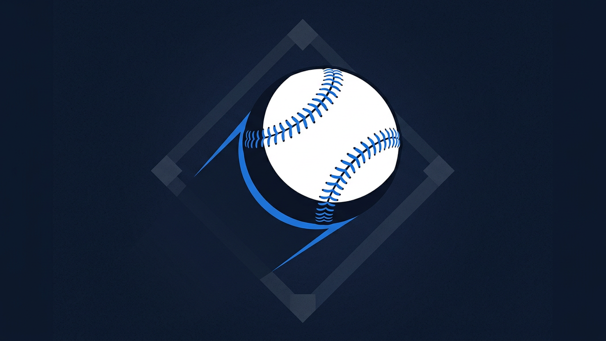 A stylised white baseball with blue stitching sits inside a rotated diamond outline on a deep navy background, with a blue swoosh motion graphic behind it.