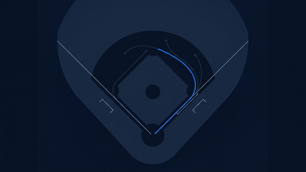 A single baseball diamond viewed from above, one base path highlighted against a wide empty outfield, four other paths fading into darkness