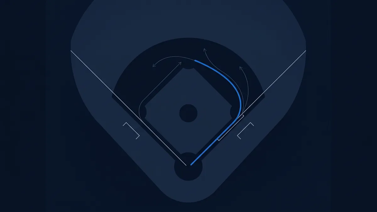 Top-down diagram of a baseball field rendered in deep navy tones, with a bright blue arc tracing a ball trajectory from home plate toward right field, and several grey arrow paths indicating fielder movements across the infield and outfield.