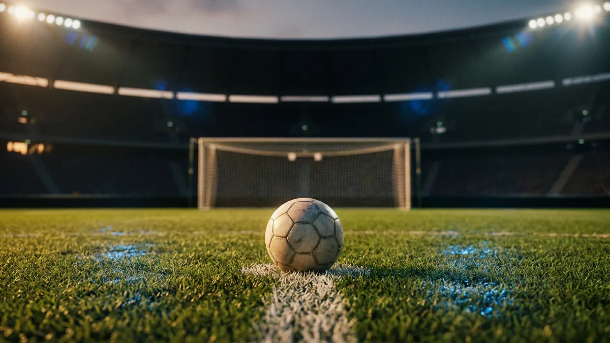 A worn white soccer ball sits on a painted line of a green grass pitch inside a floodlit stadium at night, with a goal net blurred in the background and warm and cool stadium lights illuminating the scene.