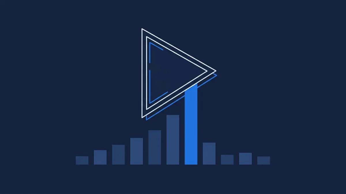 A geometric play button triangle outlined in white and blue hovers above a bar chart with a tall bright blue central bar flanked by shorter dark blue bars, all on a deep navy background.