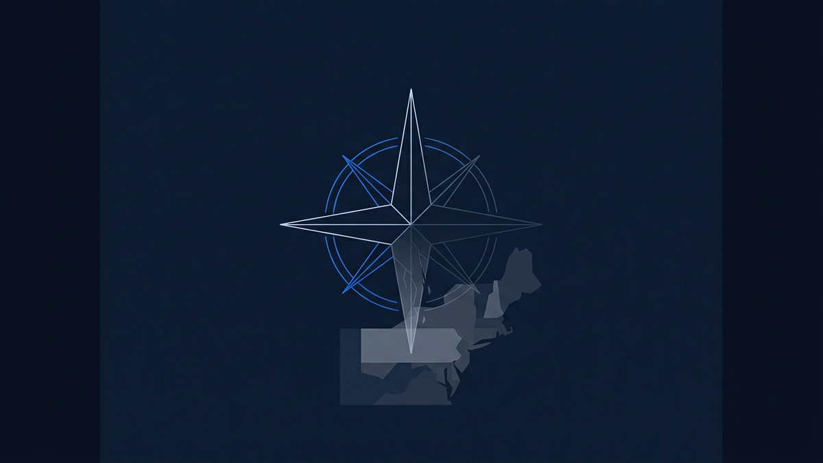 A frayed compass rose with one cardinal point flickering faint, suspended over an abstract map of eastern Europe, the rest of the rose intact