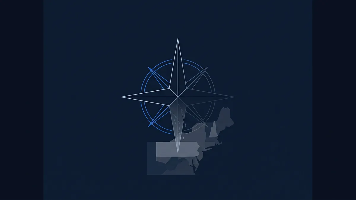 A geometric compass rose with white and blue lines inside a blue circle, overlaid on a dark silhouette map of the northeastern United States, on a deep navy background.