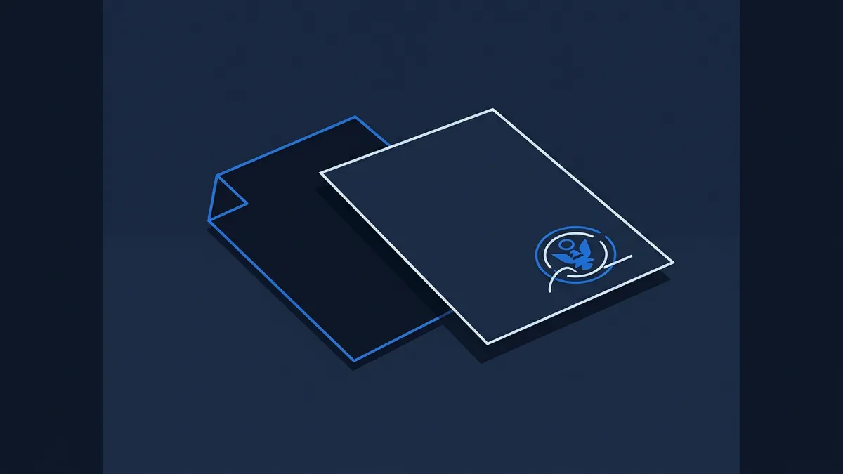 Two overlapping dark navy cards or folders arranged at an angle, one an envelope with a blue outline flap and the other a flat card bearing a circular blue logo motif, set against a deep navy background.