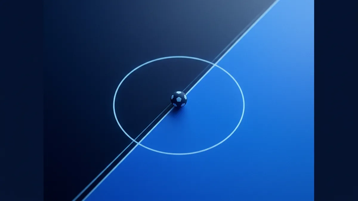 A small dark blue and white soccer ball sits at the center spot of a stylised pitch, viewed from above at an angle, with the field split diagonally into deep navy and bright electric blue halves and a glowing white centre circle.