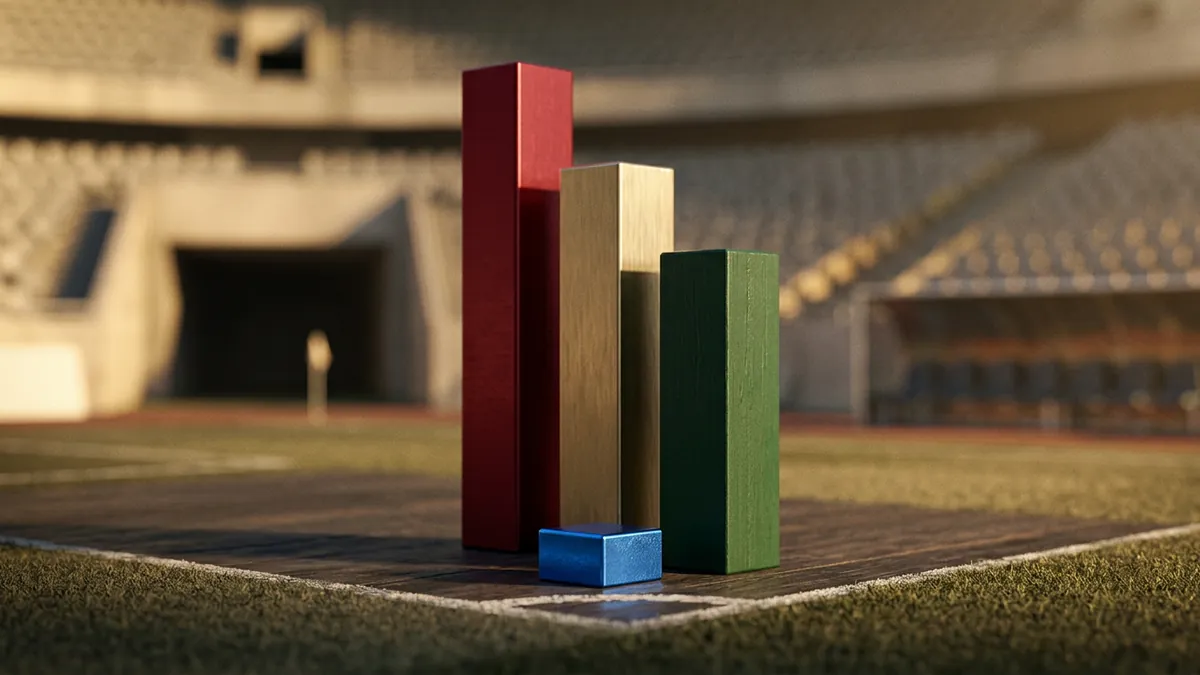 Four colored rectangular wooden blocks of varying heights arranged like a bar chart on a grass field inside a blurred stadium, in red, gold, dark green, and blue tones.