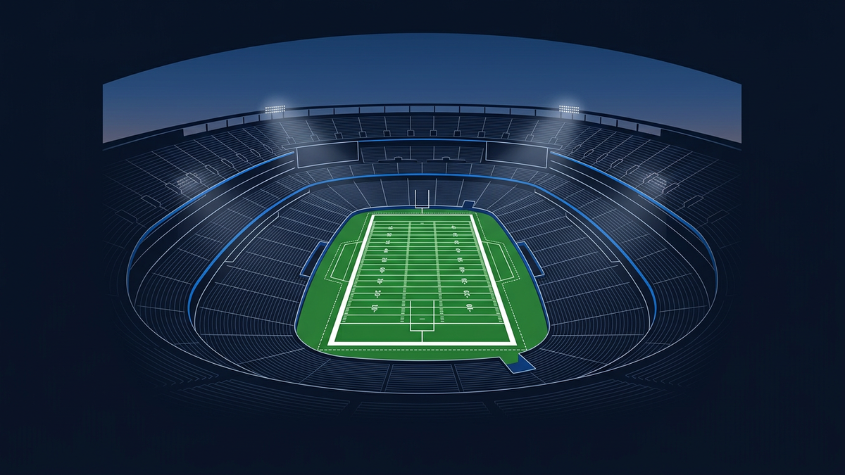 A vast open-roof American football stadium at dusk in deep navy, seen from high in the stands: an empty green field with white yard lines, floodlights blooming, no crowd